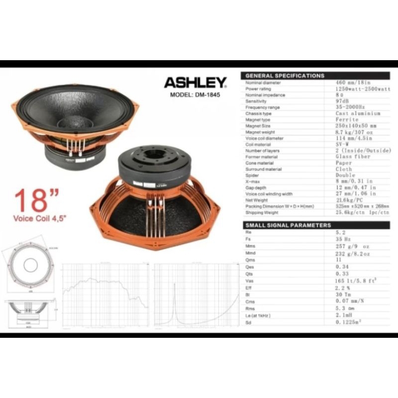 Speaker komponen Ashley DM1845 original 18inch double magnet