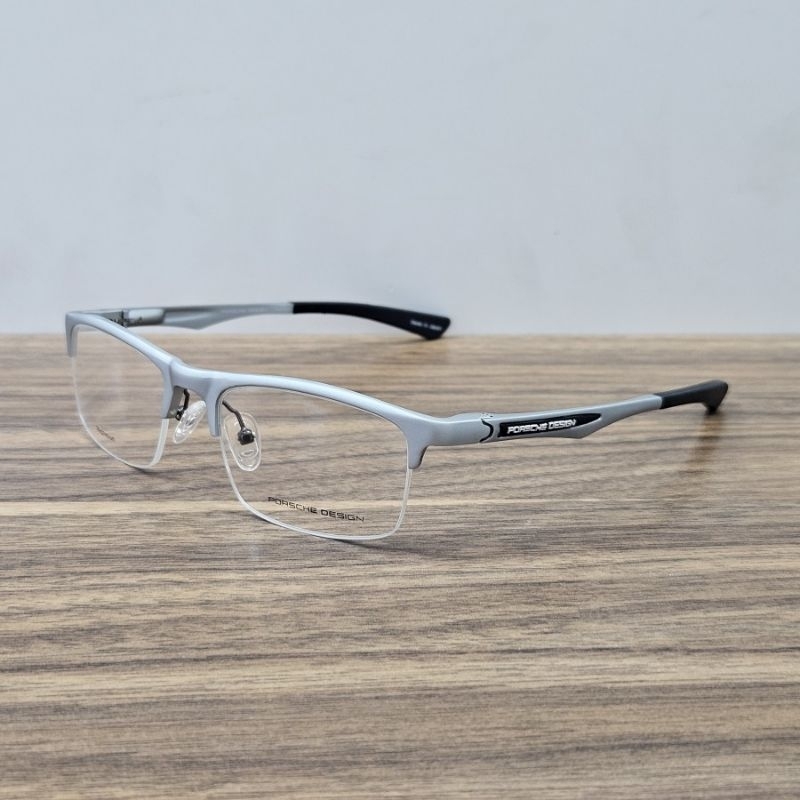 frame kacamata pria wanita half frame sporty porsche design P8199 silver black