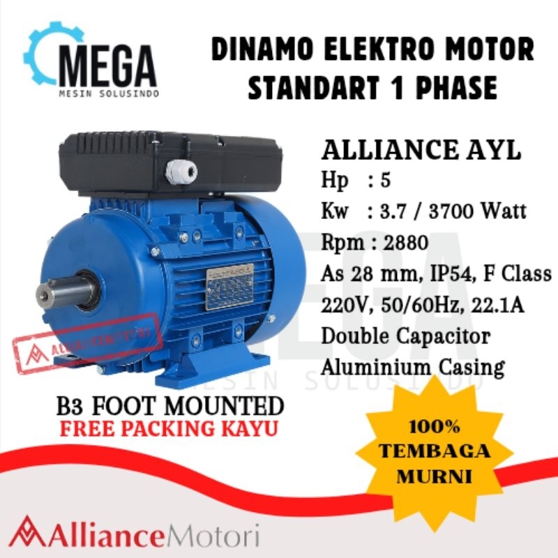 Alliance Dinamo 1 Phase 5 HP 3.7 KW 2800Rpm Dual Capasitor 100% FULL TEMBAGA -- Electro Motor AYL 2 