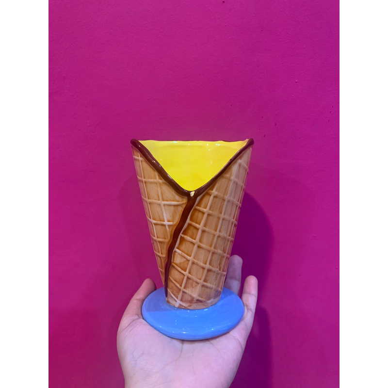gelas ice cream keramik kuning biru