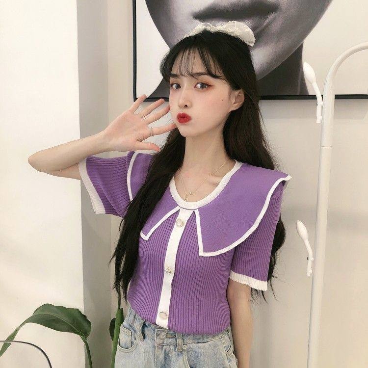 Kinka - Atasan rajut korea Baju Rajut Wanita Korea Blouse Rajut Kerah Lengan Pendek RJ14