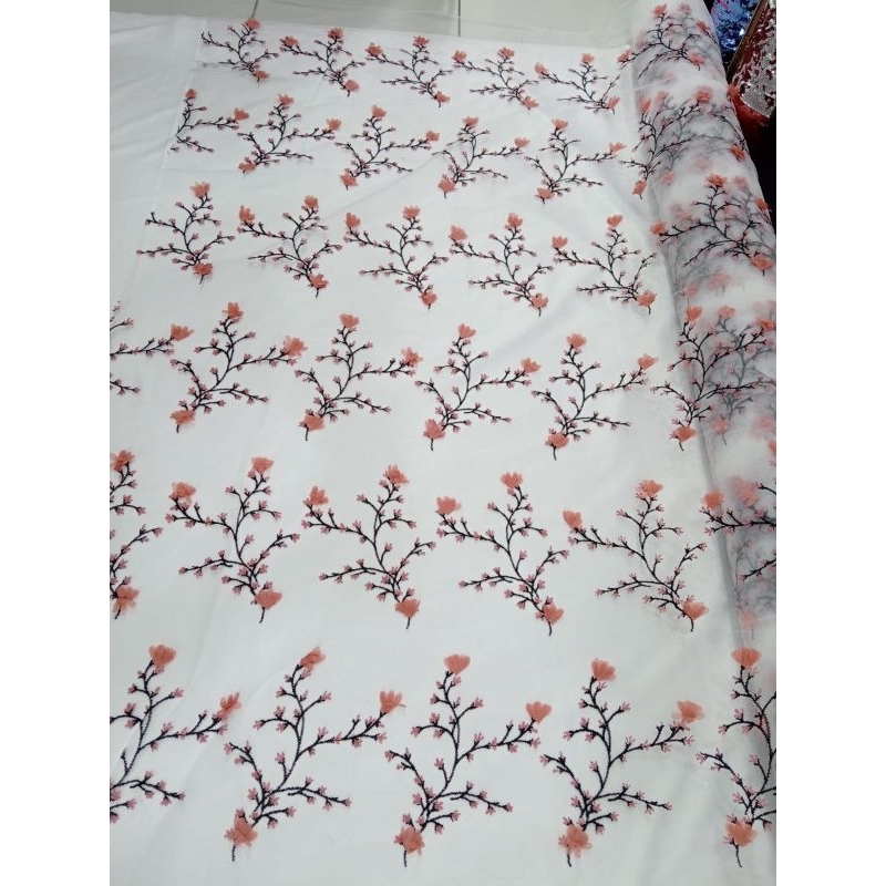 kain/bahan tile bordir bunga sakura timbul/3D