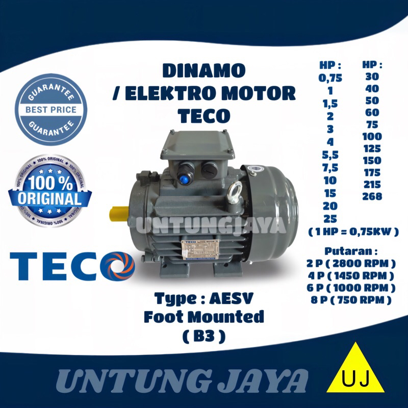 DINAMO ELEKTRO MOTOR TECO 3 PHASE 2 HP 1,5 KW 2 POLE 3000 RPM / ELECTRIC MOTOR TECO AESV 3PHASE 2HP 