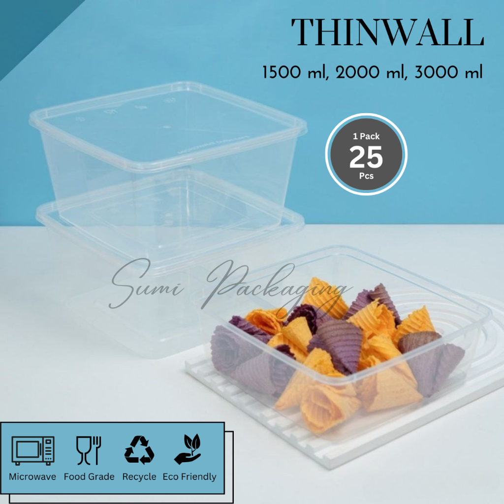 [25 PCS] Thinwall Square 1500ml 2000ml 3000ml Kotak Makan Plastik Persegi Wadah Nasi Berkat Kue