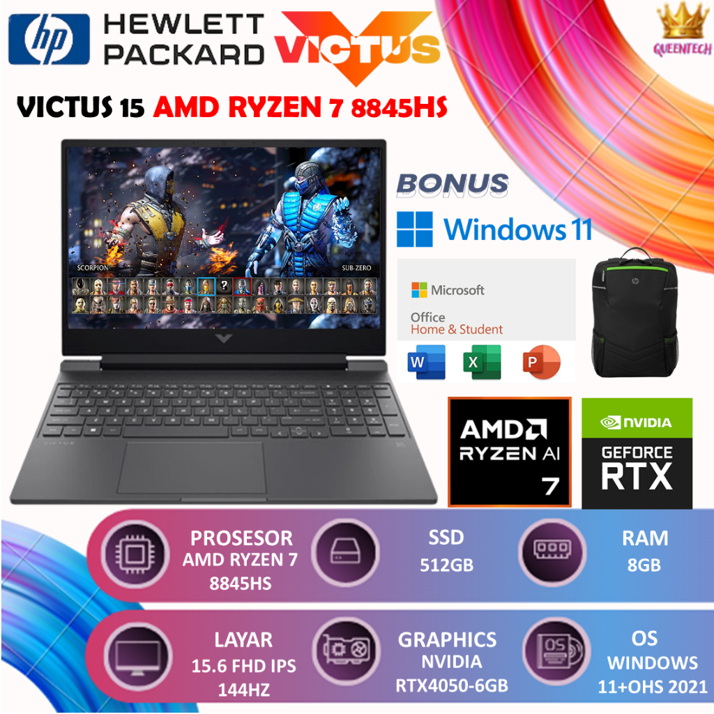 Hp VICTUS 15 AMD Ryzen 7 8845HS RTX 4050-4070 15.6 FHD IPS 144HZ Win11+OHS