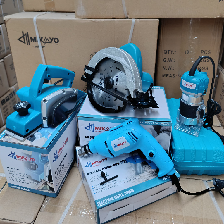 PAKET TUKANG LENGKAP 4 ITEM - Mesin Circular Saw Mikayo + Mesin Planner Mikayo + Mesin Bor 10mm Mika