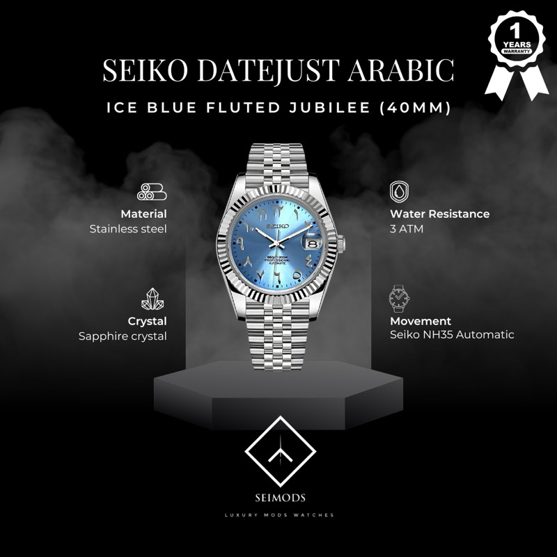 Jam Tangan Seiko Mod Datejust Arabic Dates Dial Watch NH35 Automatic Jubilee Arab 36mm
