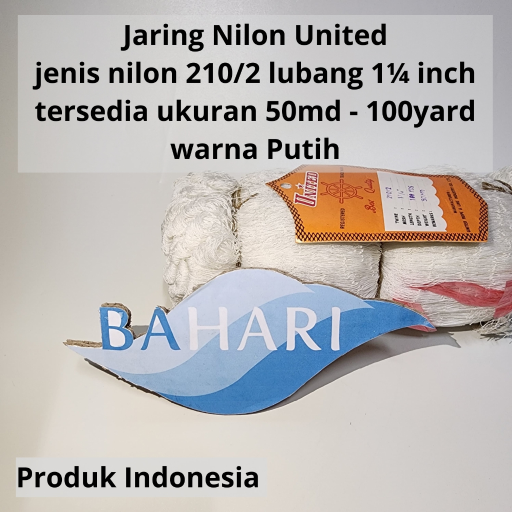Jaring Ikan dan Udang bahan Nilon cap UNITED - 210/2 lubang 1.1/4 inch ukurang 50/100