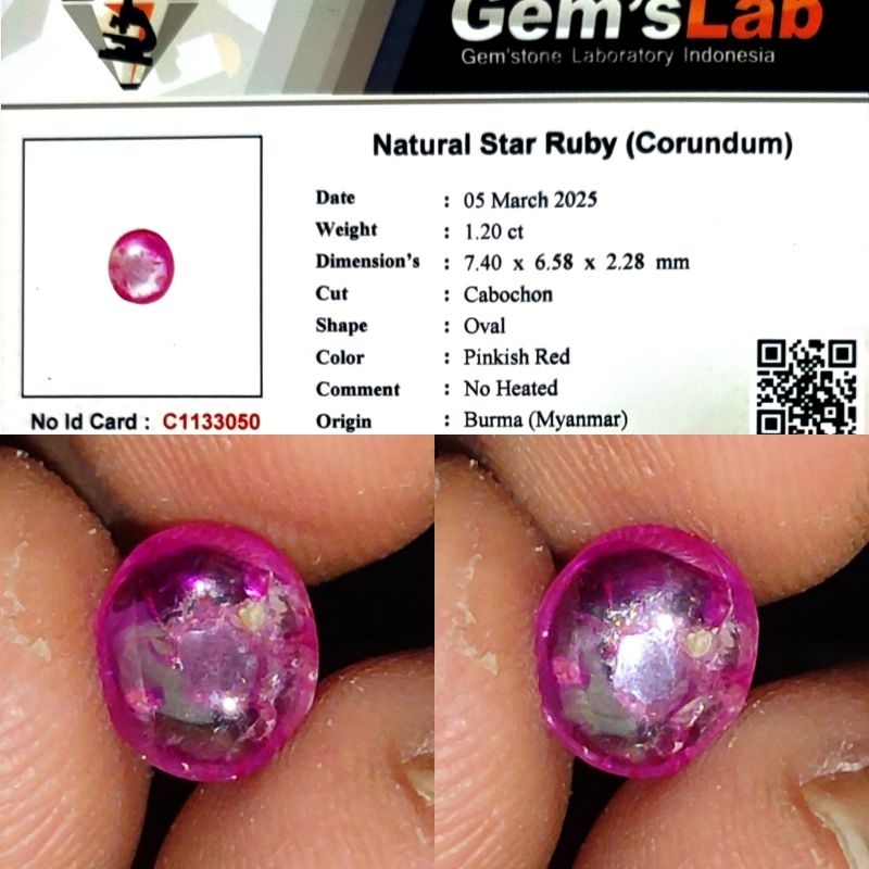 Natural Star Ruby Burma Belang Koi Merah Putih 1.2ct GLI Material Top Crystall Nice Color Body Kaca 