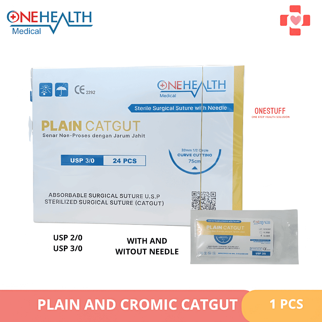 Benang Jahit Catgut Plain + Jarum 3.0 OneHealth Suture Cromic Silk With Or Without Needle usp 2/0