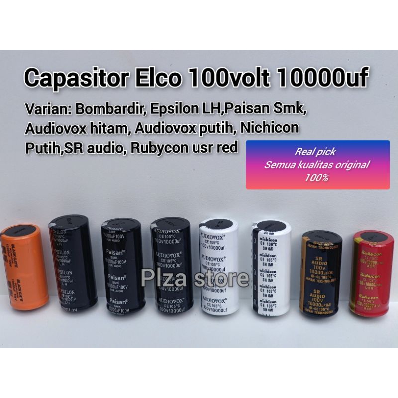 Capasitor Elco 100v 10000uf merk Bombardir/Epsilon/Paisan/Audiovox hitam/Audiovox putih/Nichicon put
