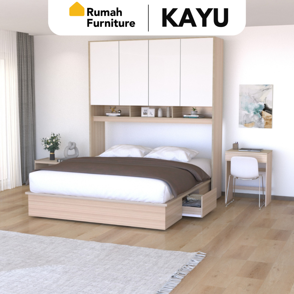 CLAY Ranjang Set Divan Kayu Lemari Pakaian Putih Rak Pajangan Meja Belajar Modern Minimalis