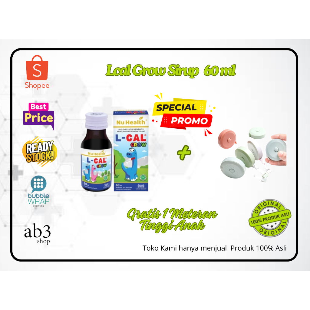 [GRATIS METERAN TINGGI BADAN] L CAL GROW SIRUP PERTUMBUHAN ANAK 60 ML KALSIUM BONUS 1 METERAN MINI P