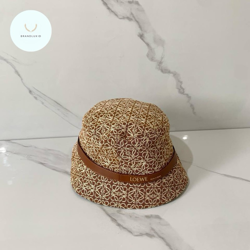 Loewe Anagram Bucket Hat in Jacquard & Calfskin Tan Brown