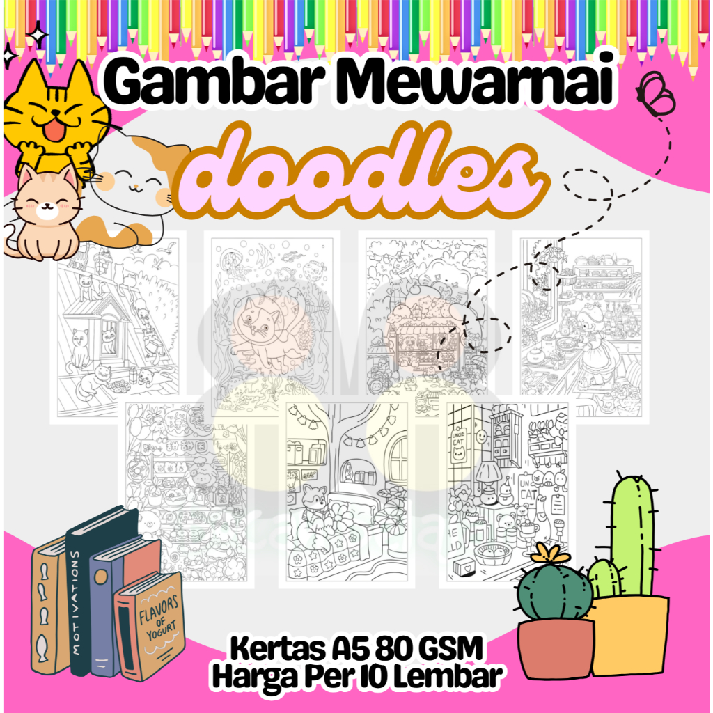 

10 Lembar Kertas A5 Gambar Mewarnai Tema DOODLES Termurah - Anak Anak TK SD PAUD Remaja