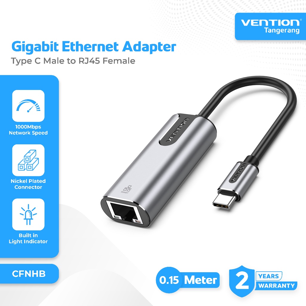 Vention LAN Adapter USB Type C Male to RJ45 Gigabit Ethernet Aluminum Alloy High Speed 1000Mbps - CF