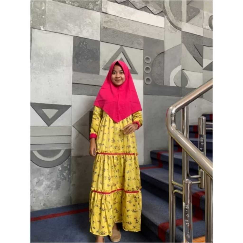 Gamis Anak Umur 12-16th Kuning Motif Bunga Kerudung Merah