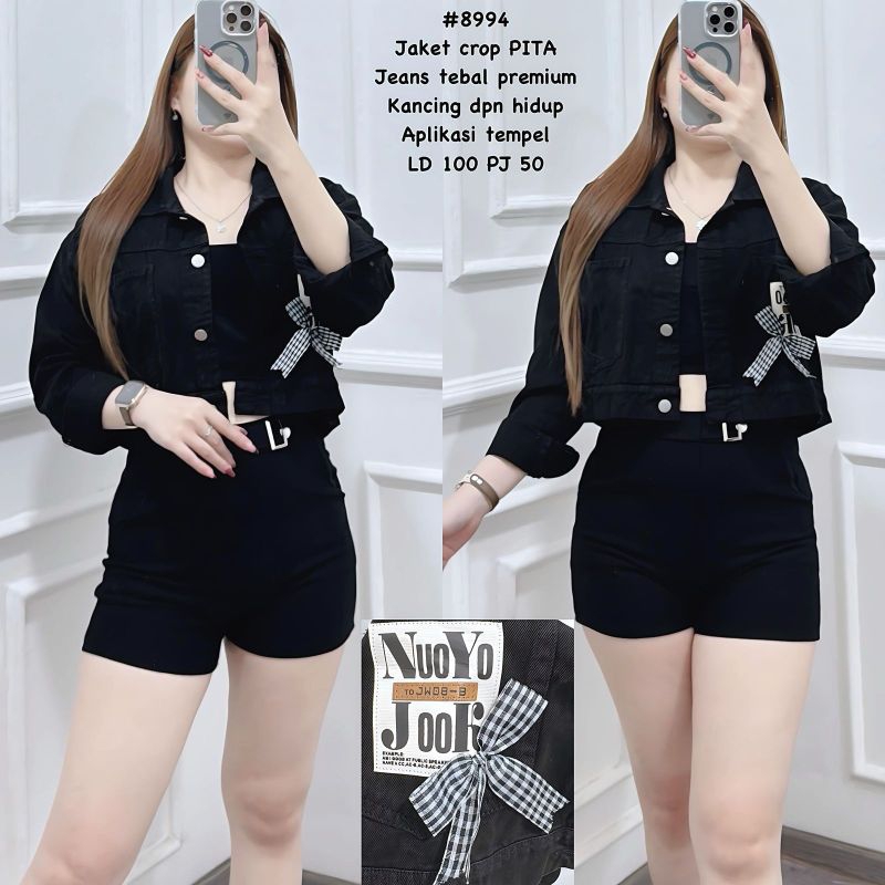 Jaket Crop Pita BS-8994 dengan Kancing Depan Hidup - Tebal, Jeans, Top, Oversize, Wanita, Blazer, De