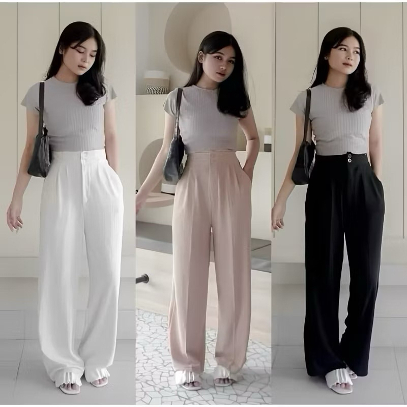 Celana Kulot Jennie Knit Pants Kancing 2 Resleting Loose Pants Wanita Hightwaist