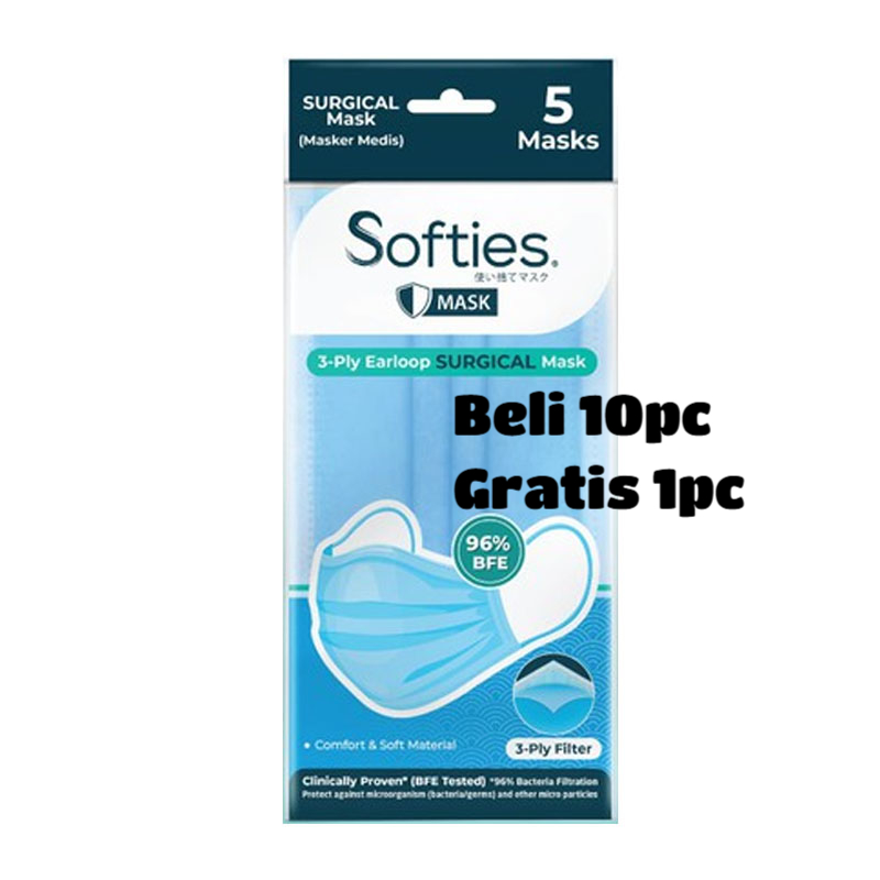 (10+1)Softies Daily Masker Polos 3 ply ( isi 5pcs )