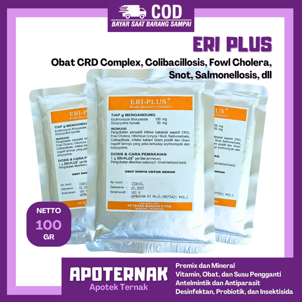 ERI PLUS 100 GRAM TMC - Obat Snot CRD Ngorok Ayam Unggas - Obat Ayam Paling Ampuh ERIPLUS
