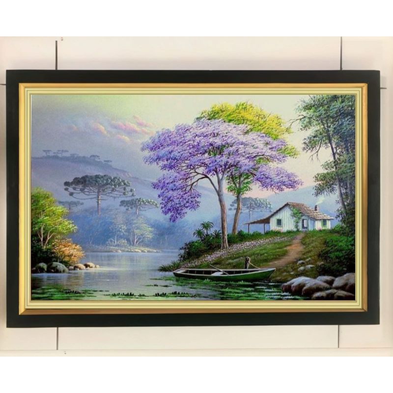 hiasan dinding lukisan cetak pemandangan danau plus Bingkai ukuran 65×45