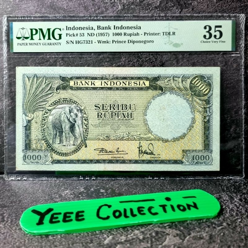 Uang Kertas Kuno 1000 Rupiah Gajah PMG 35 Tahun 1957 - HG 7321