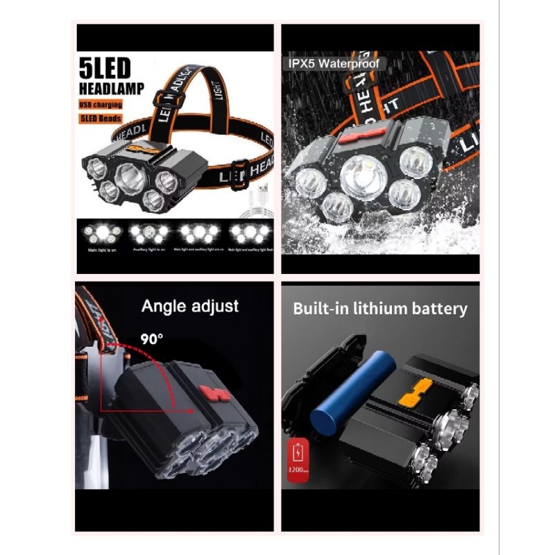 senter kepala 5 led/ senter 5 lampu/ senter kepala
