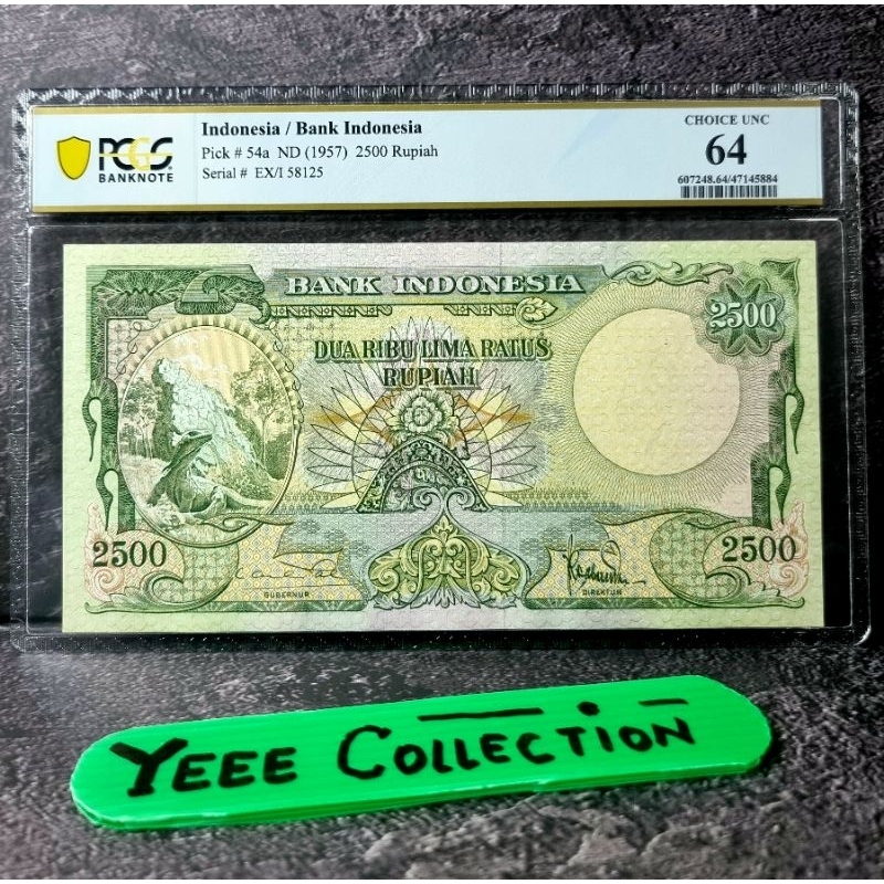 Uang Kertas Kuno Komodo 2500 Rupiah PCGS 64 Not PMG Tahun 1957 - EX/1 58125