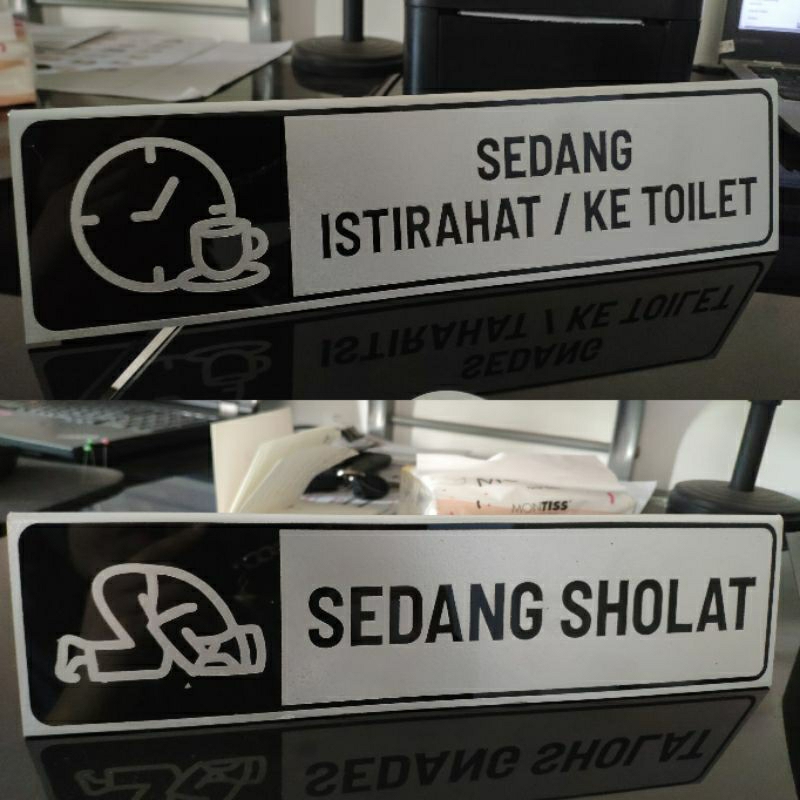 Sign Tenda "Sedang Sholat - Sedang Istirahat / Ke Toilet" Silver 2 sisi bahan acrylic