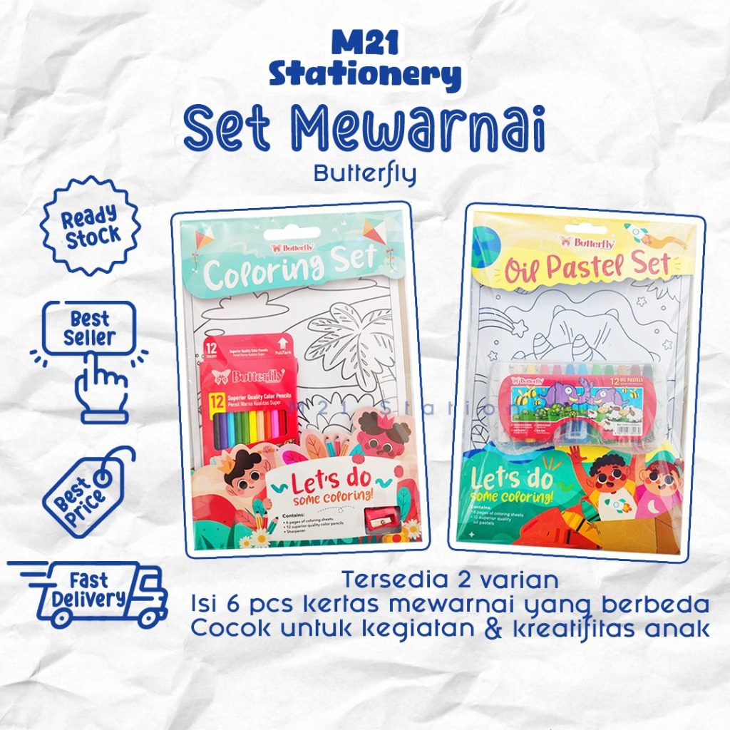 

COLORING SET OIL PASTEL SET BUTTERFLY ANEKA SET MEWARNAI GRATIS PENSIL WARNA ATAU CRAYON | M21 STATIONERY