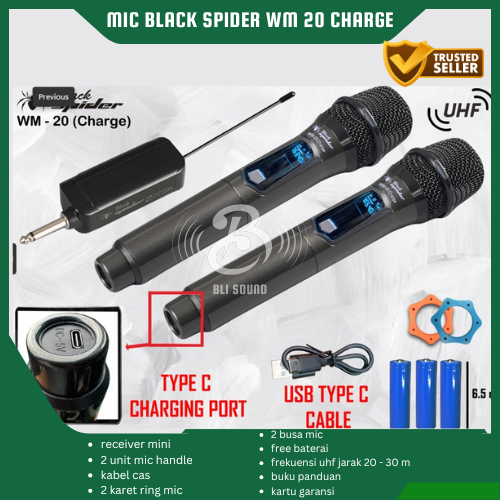 MIC WIRELESS BLACK SPIDER WM 20 CHARGE ORIGINAL GARANSI PROFESSIONAL MICROPHONE BLACKSPIDER WM20 UHF