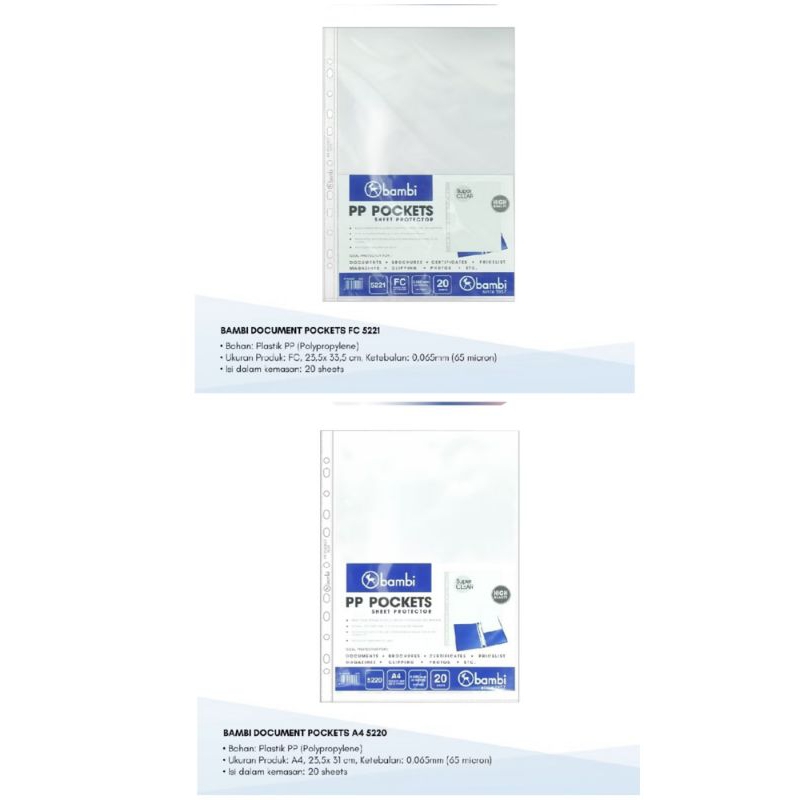 

Sheet Protector/ PP Pocket/ Document Pocket BAMBI isi 20 lembar, ukuran Folio (5221) dan A4 (5220)