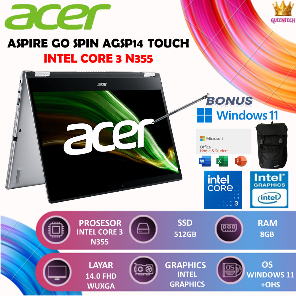 Acer Aspire Go Spin 14 i3 N355 8GB 512GB Laptop Touchscreen 2in1 WUXGA + Pen