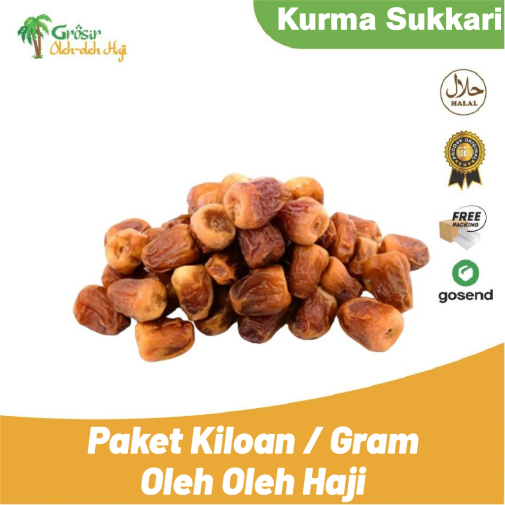 

Kurma Sukkari Premium untuk Suplemen Kesehatan Oleh Oleh Haji dan Umroh bisa 1KG / perGram