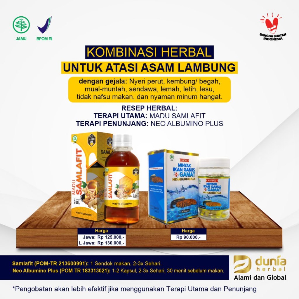 

Kombinasi Herbal untuk Atasi Asam Lambung Paket Samlafit + Neo Albumino