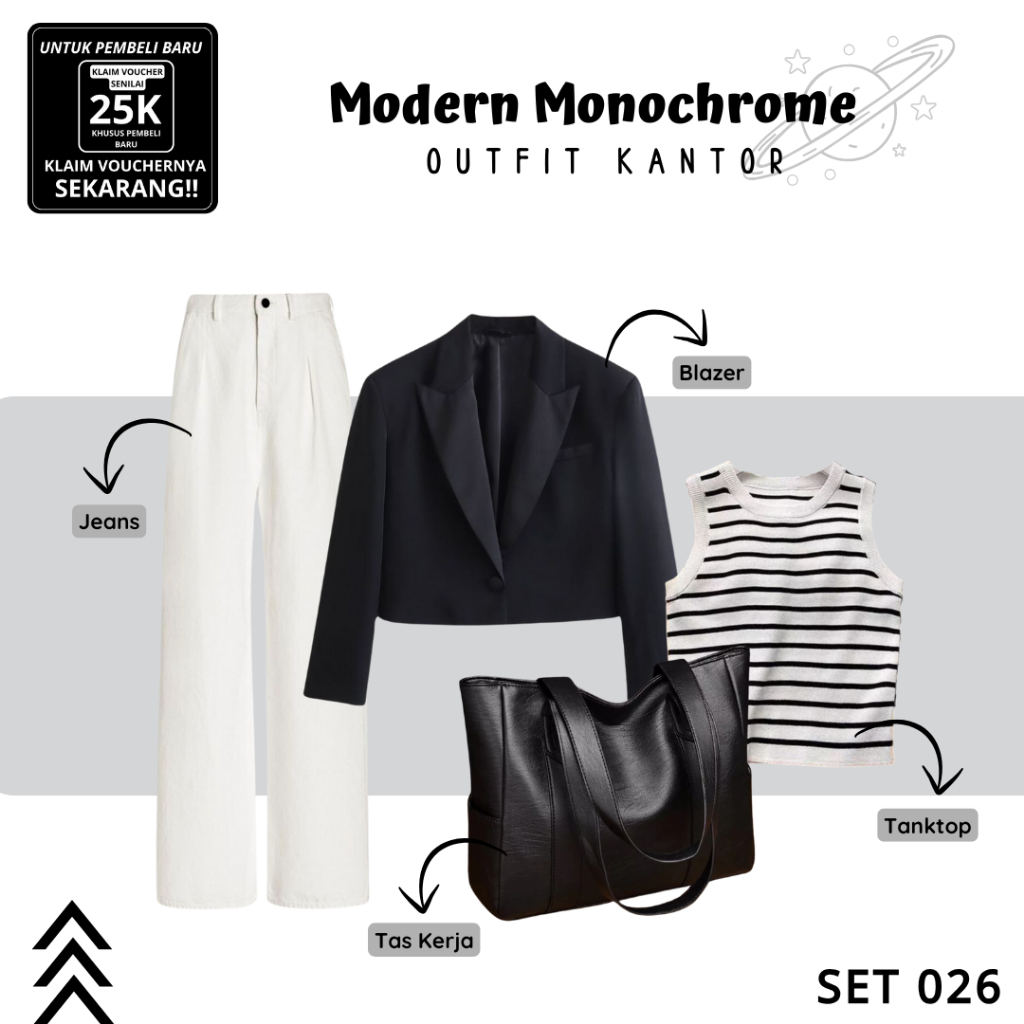 ELEGANT & COMFY!!! One Set Kerja Wanita(Blazer Crop, Celana Jeans Putih, Tanktop, Tas Bahu) | SET 02