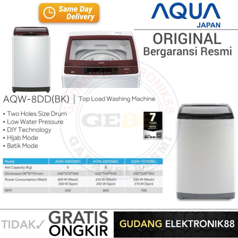 Mesin Cuci AQUA 1 Tabung 8 KG AQW-88DD VARIAN PRODUK AQW-77DH/7KG 78DD/7KG 98DD/9KG 99DD/9KG Garansi