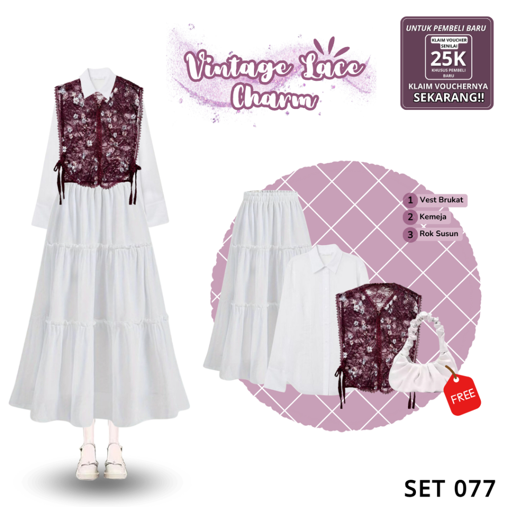 CANTIK & STYLISH 3 in 1 Set (Vest Brukat Burgundy, Kemeja Putih, dan Rok Susun) |SET 077