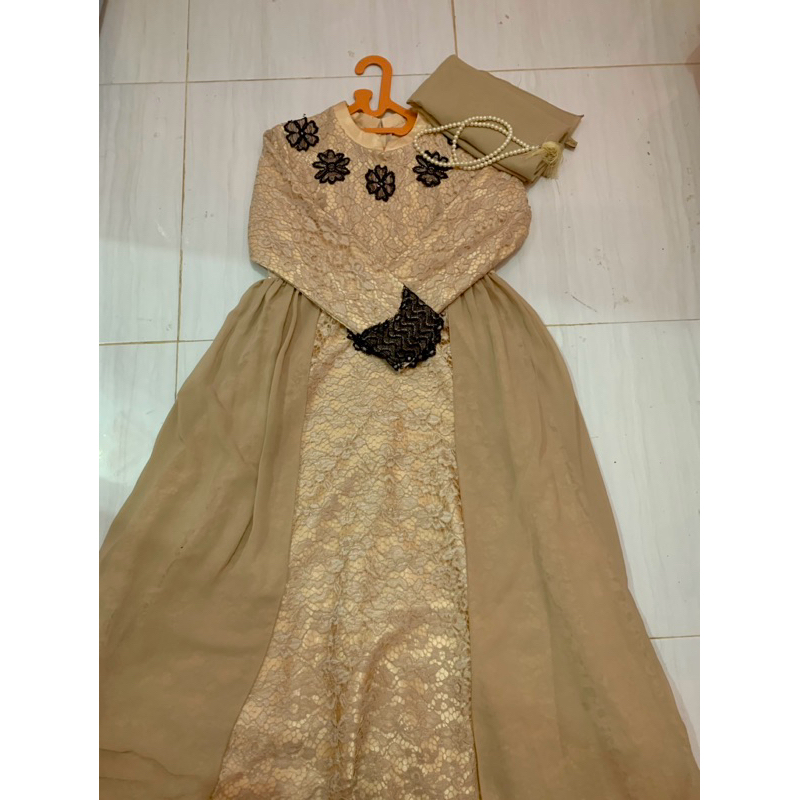 Preloved Gamis brukat pesta coklat| midi dress pesta brukat|| dress pesta brukat coklat