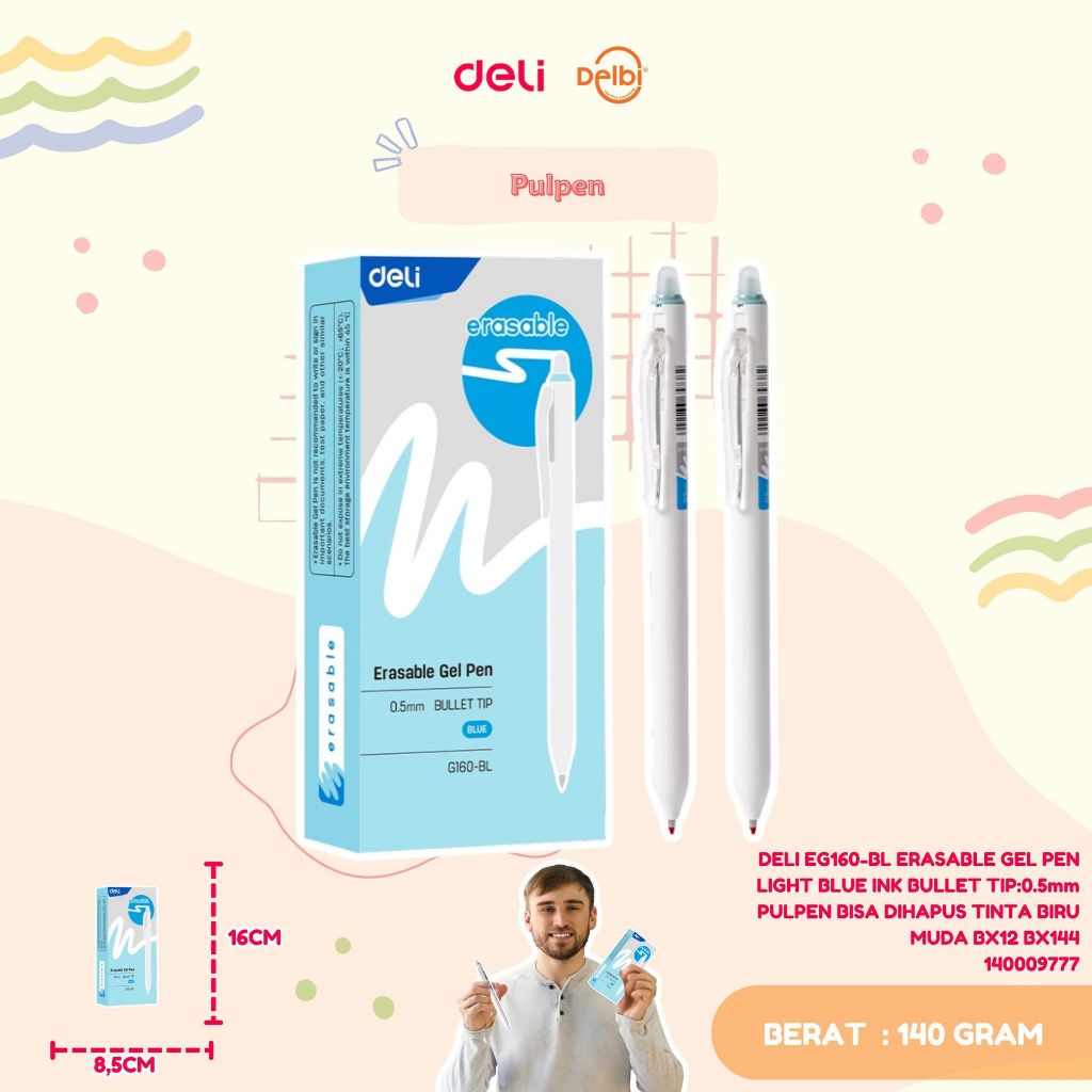 

DELI EG160-BL ERASABLE GEL PEN LIGHT BLUE INK BULLET TIP:0.5mm PULPEN BISA DIHAPUS TINTA BIRU MUDA