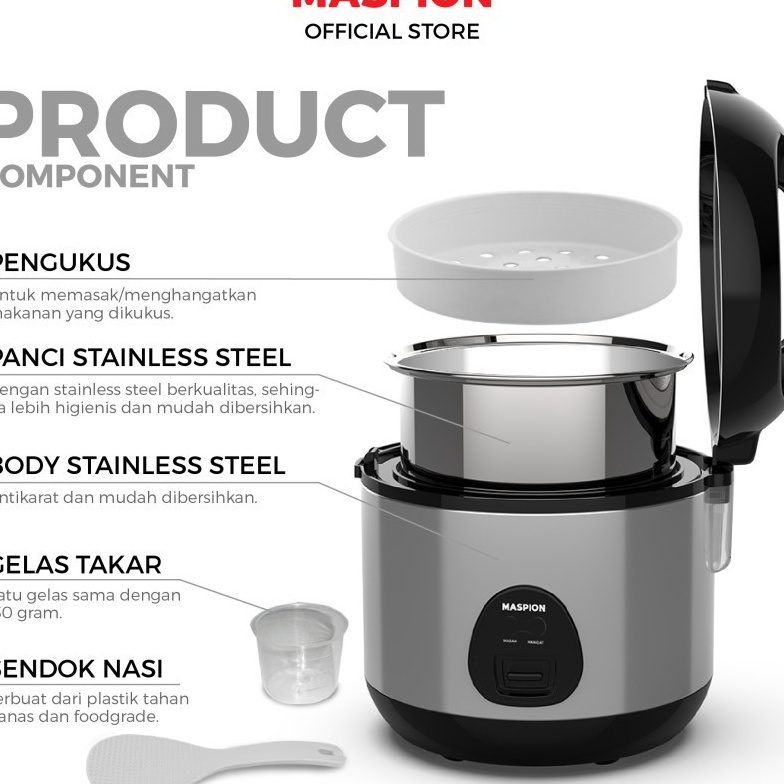 KP8 Rice Cooker Maspion MRJ 623 BSSS Panci Stainless 6 Liter Magic Com Penanak Nasi Warmer Steamer M