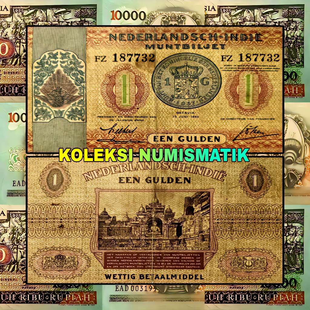 SOUVENIR UANG KERTAS KUNO HINDIA BELANDA 1 GULDEN MUNTBILJET BOROBUDUR 1940