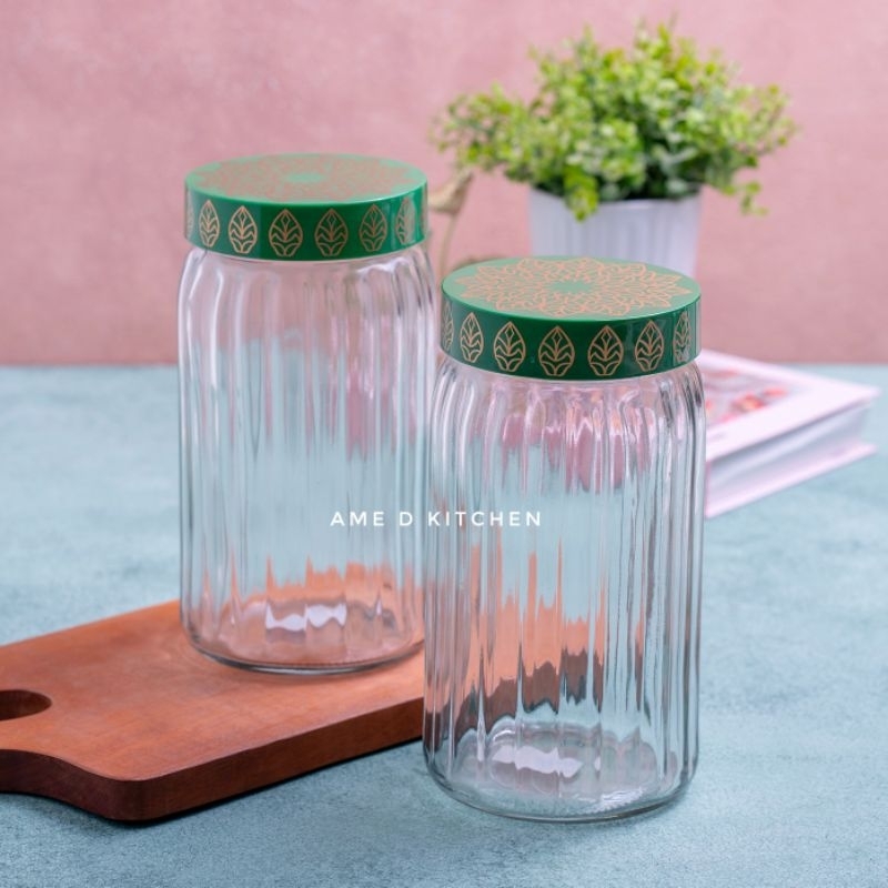 Toples bijian kaca tebal lebaran HEREVIN tutup embosed hijau emerald
