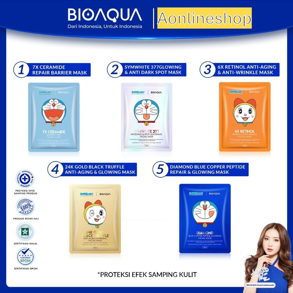 AS BIOAQUA xDORAEMON Sheet Mask BPOM 28ML Diamond Blue Copper Peptide Glowing / 24K Gold Black