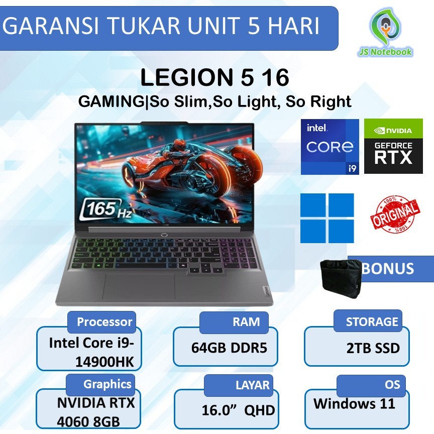 LENOVO LEGION 5 16 I9 14900HX RTX4060 8GB/ 64GB 2TB W11 16.0QHD IPS