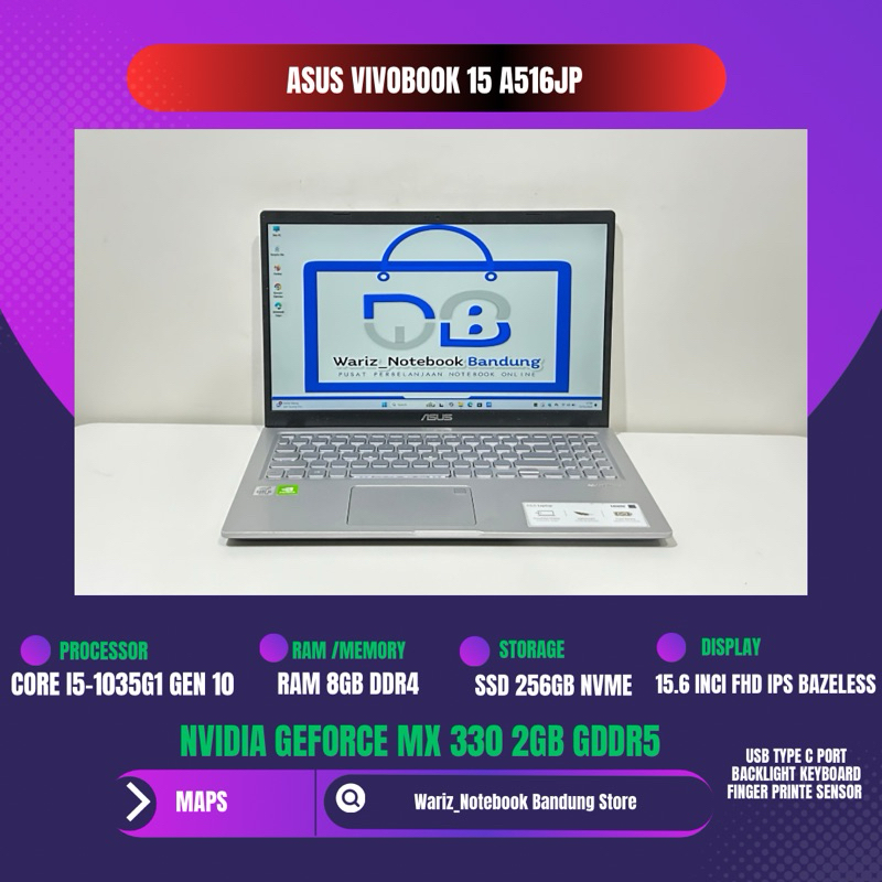 ASUS VIVOBOOK A516JP CORE I5-1035G1 NVIDIA MX 330 RAM 8GB SSD 256GB 15.6inci FHD IPS