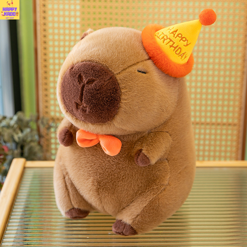Boneka Capybara Topi Kerucut Happy Birthday Bebek Lembut Imut Kado Ulang Tahun Natal Valentine