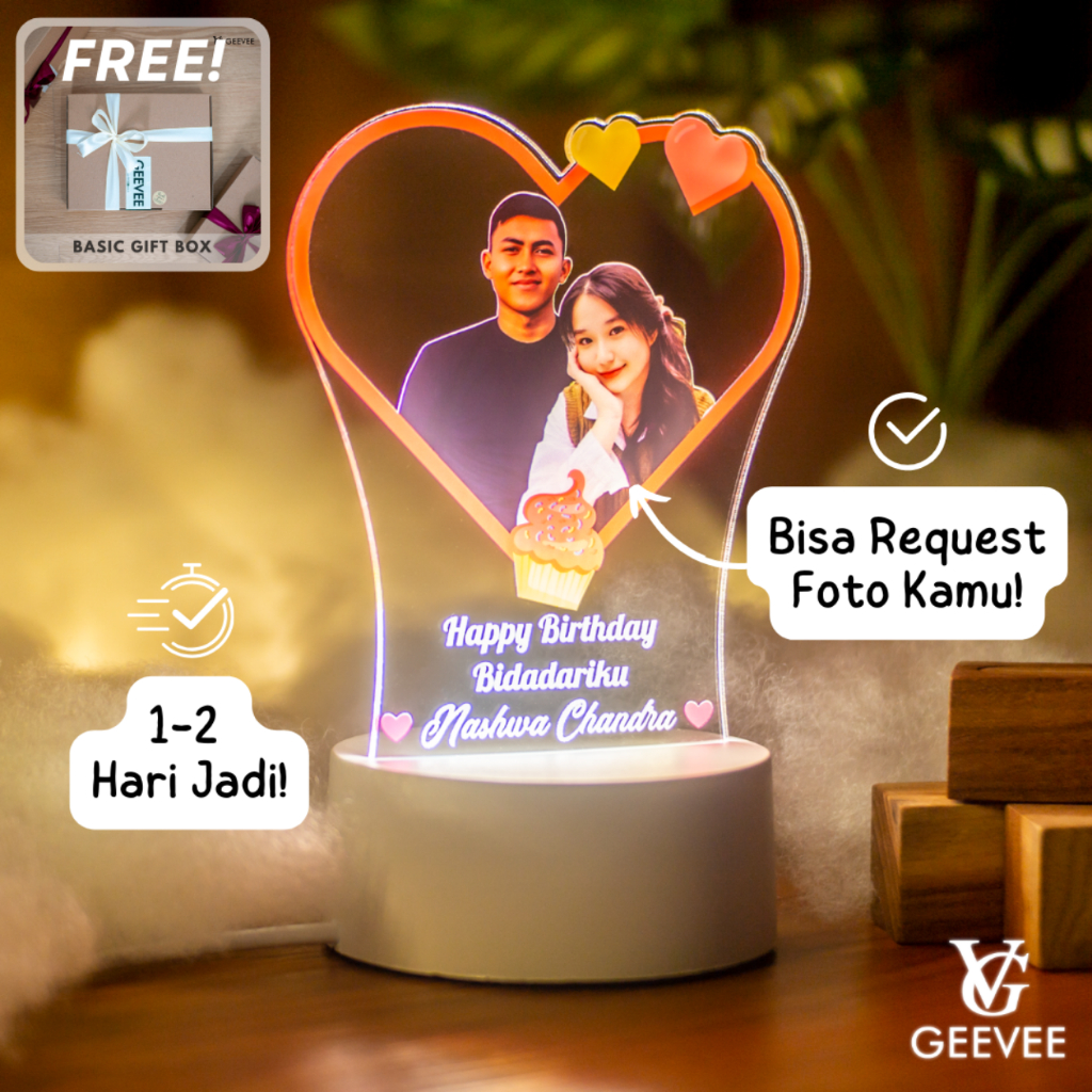 Lampu Tidur Akrilik Custom Foto Transparant LED Cocok untuk Hadiah Kado Valentine Hampers Ulang Tahu