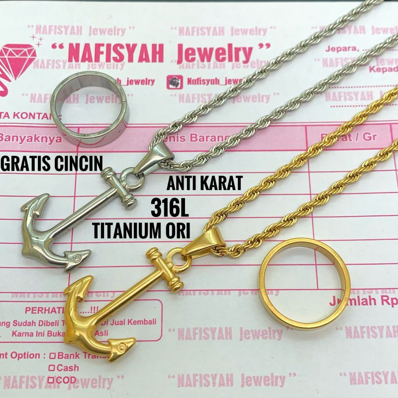 Kalung Tambang Titanium Ori dan Liontin Jangkar Titanium